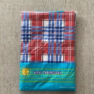 Kmart 60” Round Red White and Blue Vinyl Tablecloth